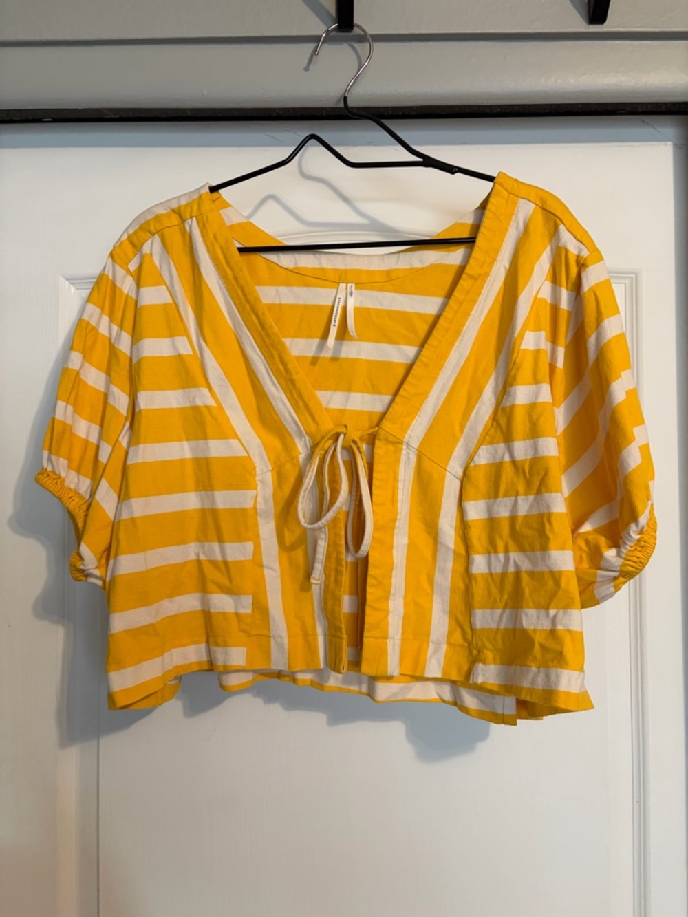 Anthropologie Yellow & White Striped Tie-Front Crop Top
